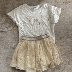 DIOR Gold White Metallic Skirt & Tee Set Size 6